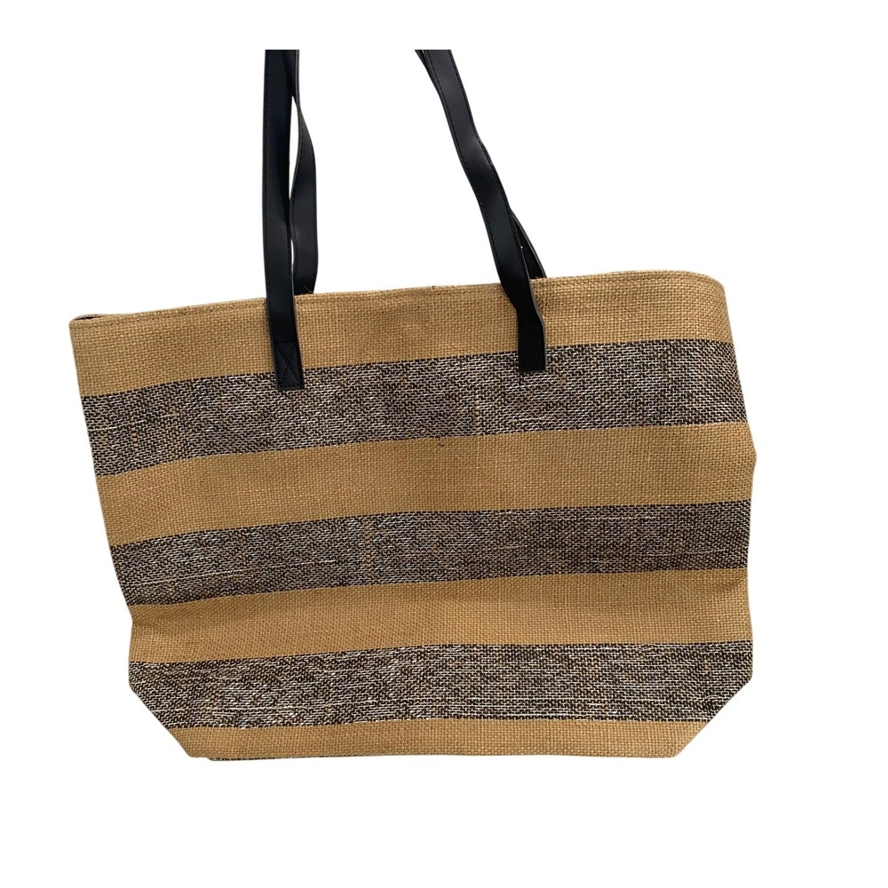 Fashion Totes Jute Striped Tote Bag Womens Large Tan Black NWT Metallic Beach